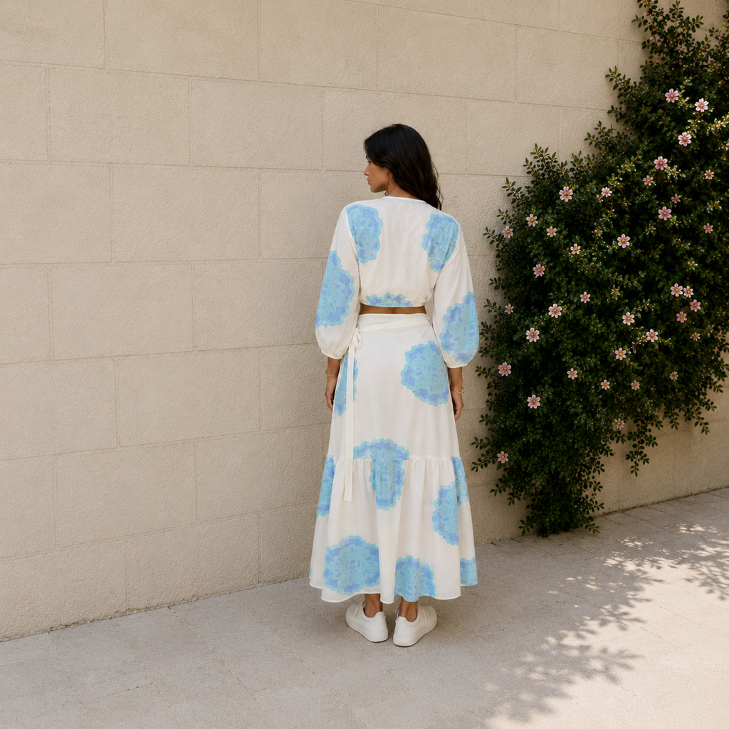 Azure Bloom Long Sleeve Skirt Set