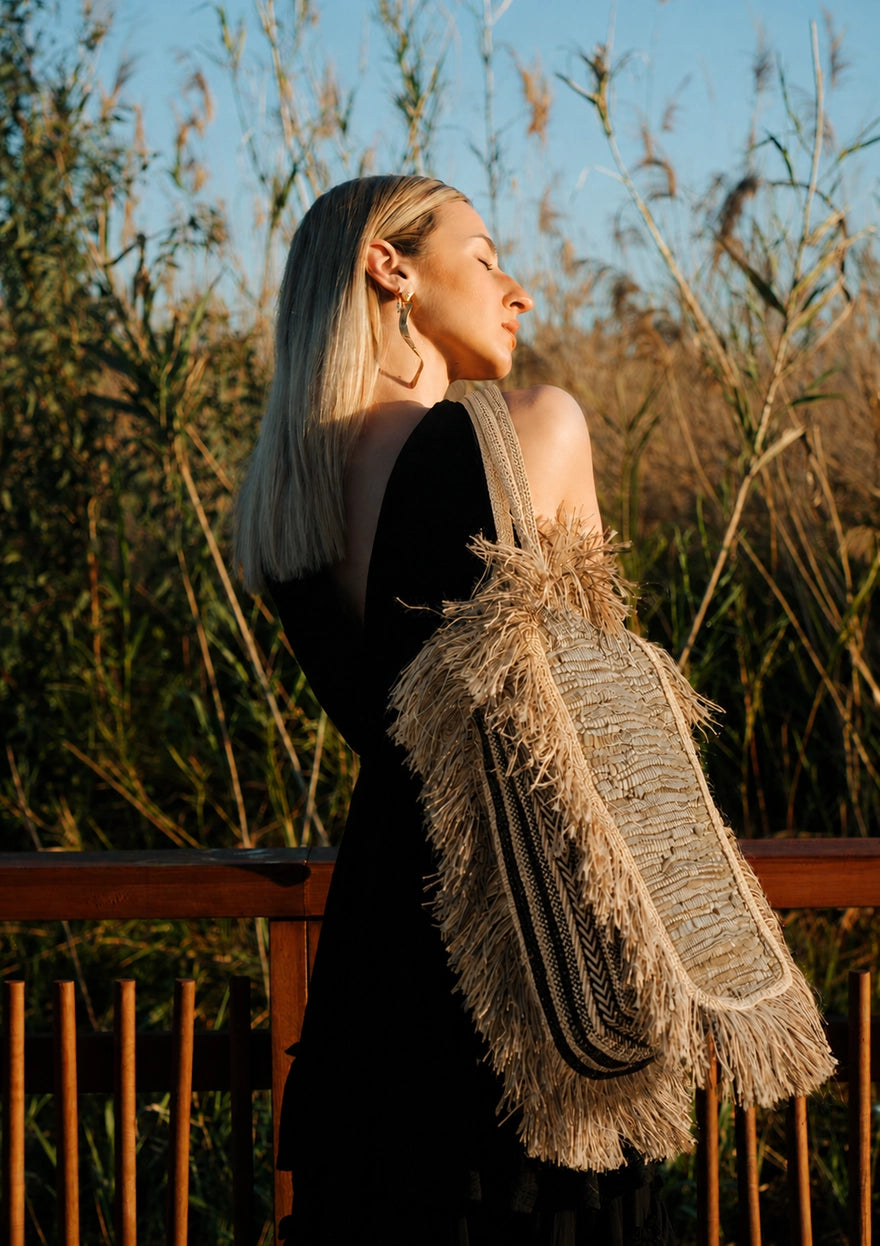 Handmade Large Woven Leather Fringe Tote Bag