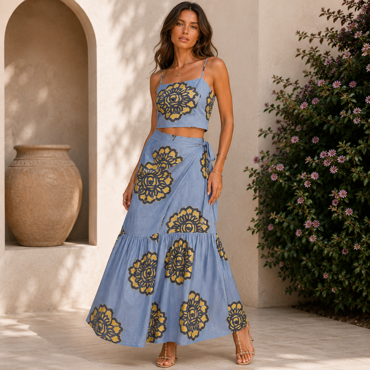 Azure Bloom Maxi Skirt Set