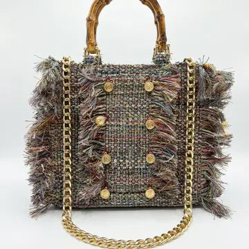 Fabric Fringe Boucle Medium Tote Bag with Bamboo Handles