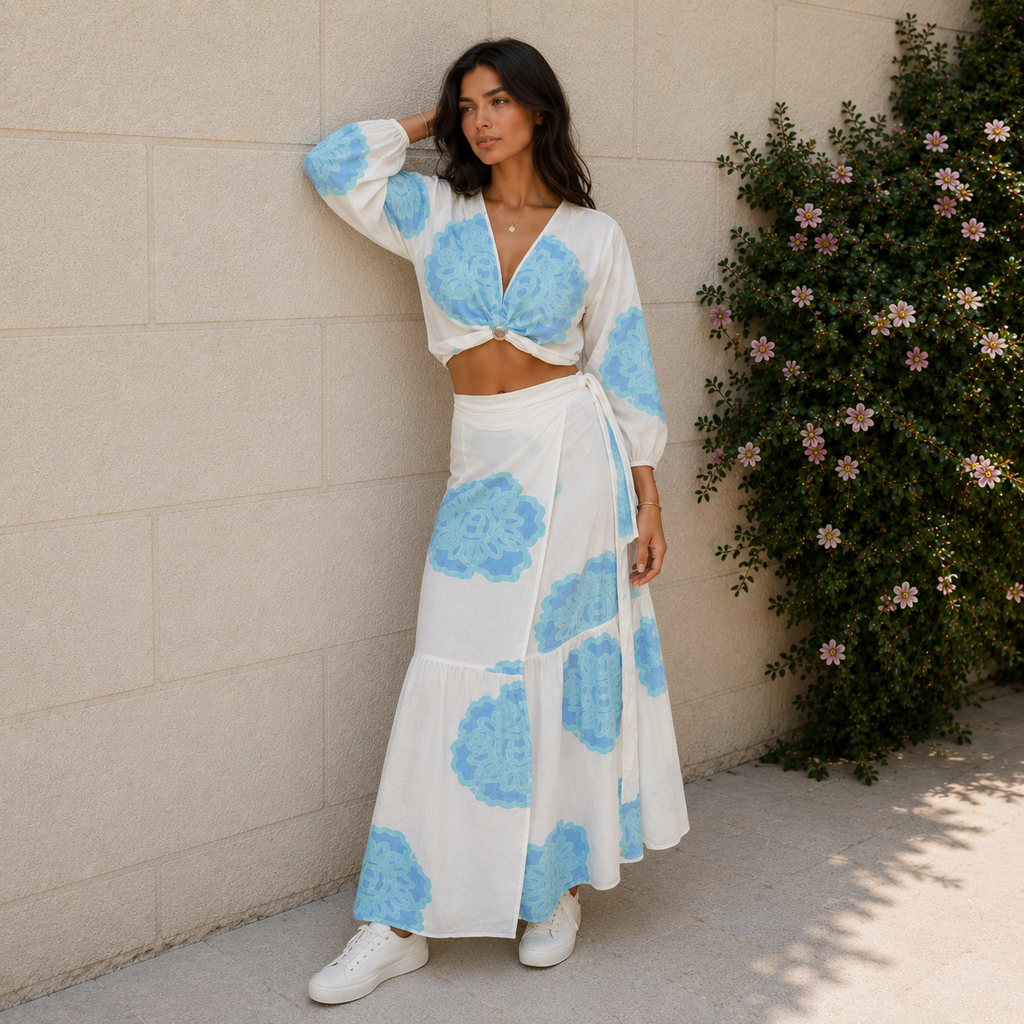 Azure Bloom Long Sleeve Skirt Set