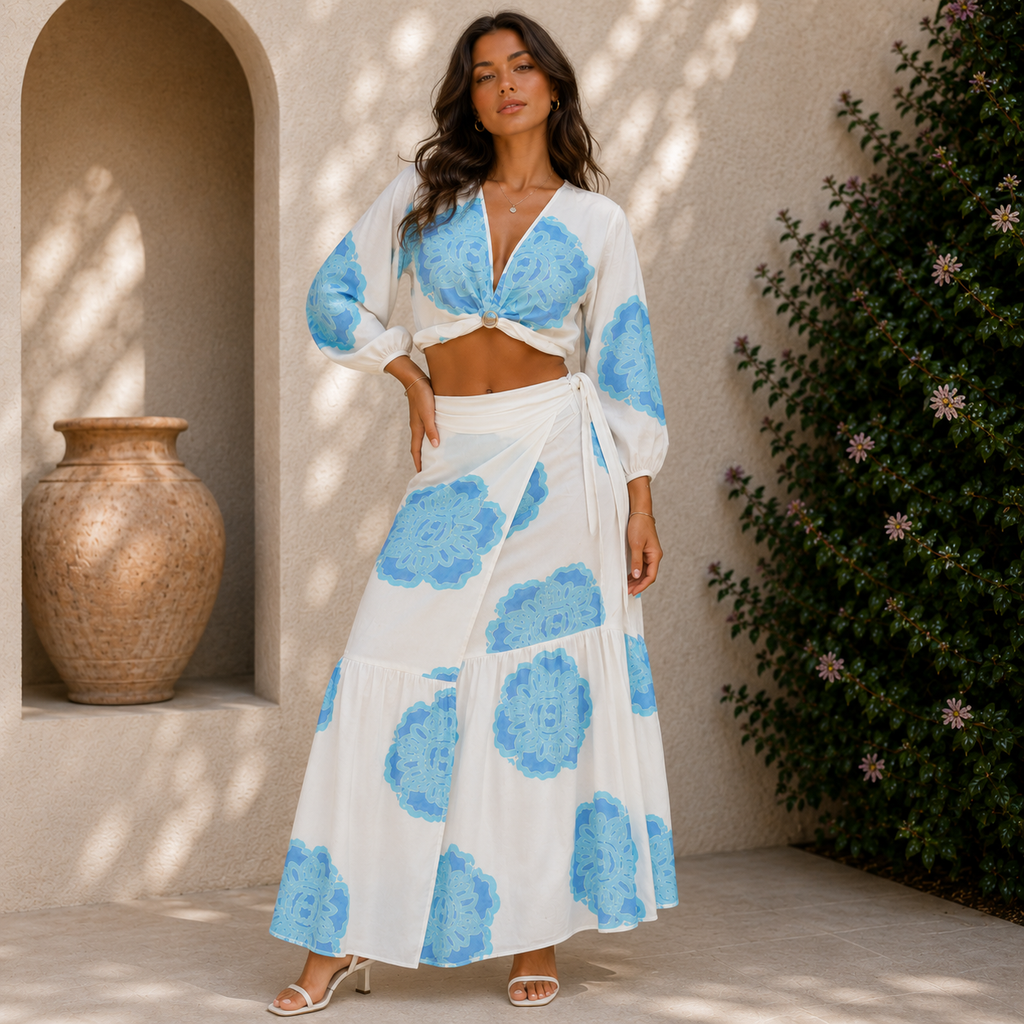 Azure Bloom Long Sleeve Skirt Set