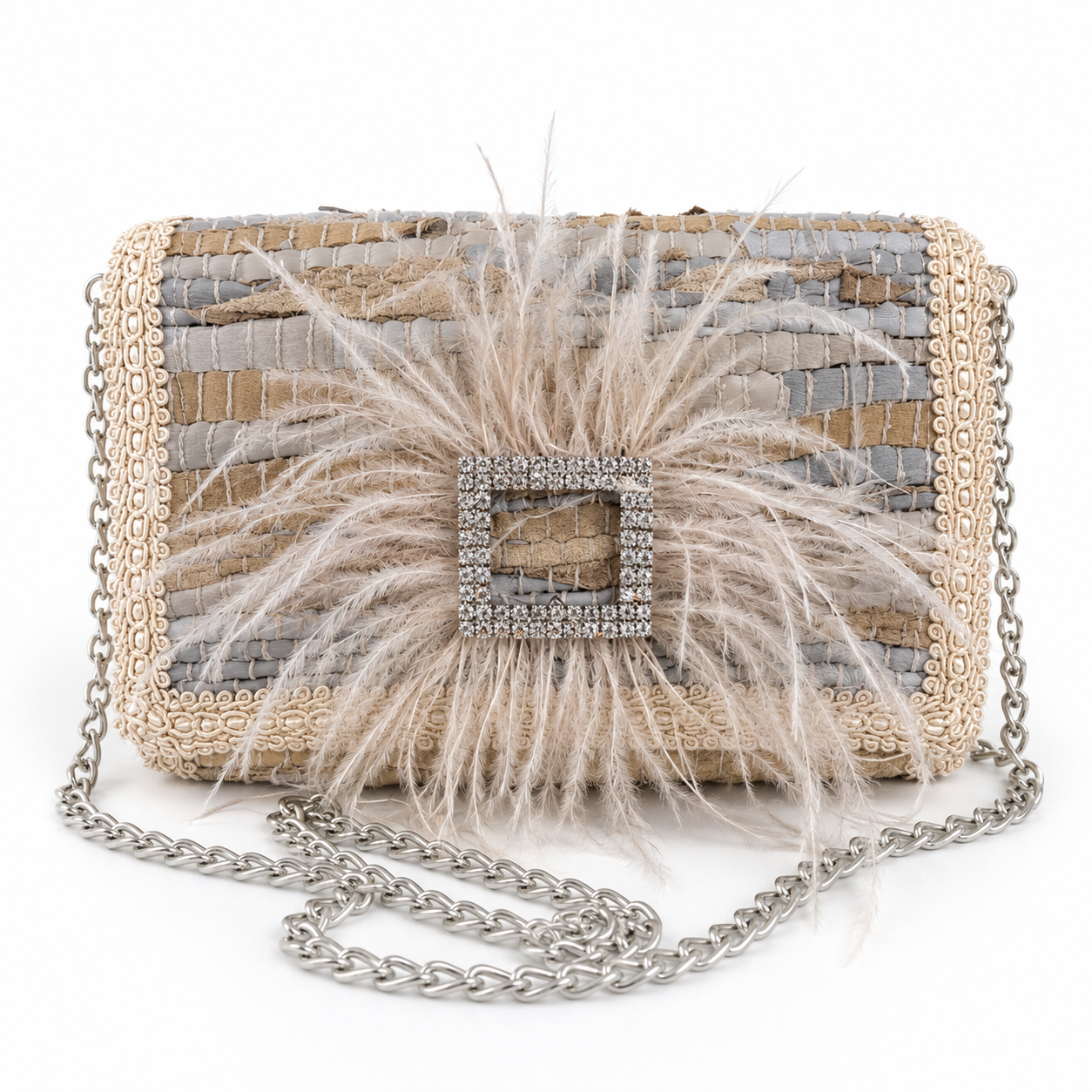Ostrich  Feather Small Woven Leather Bag