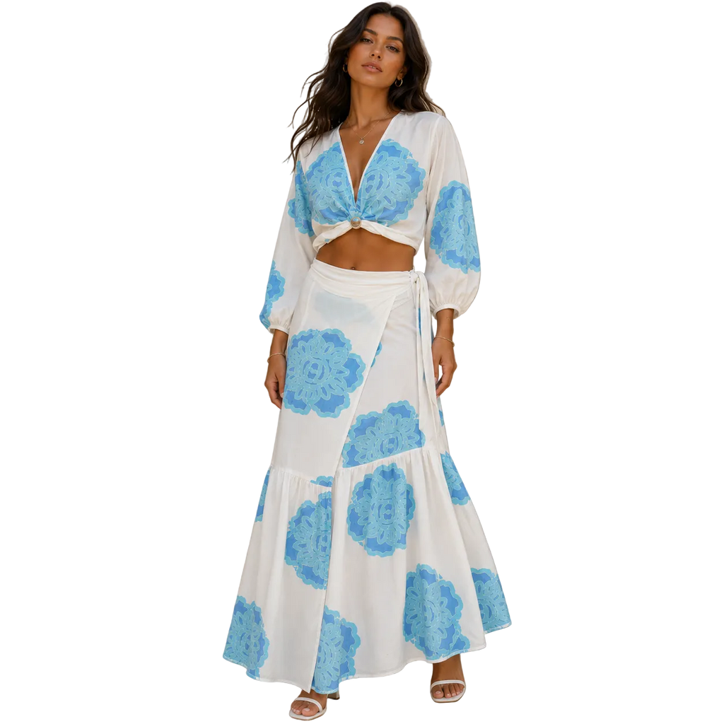 Azure Bloom Long Sleeve Skirt Set
