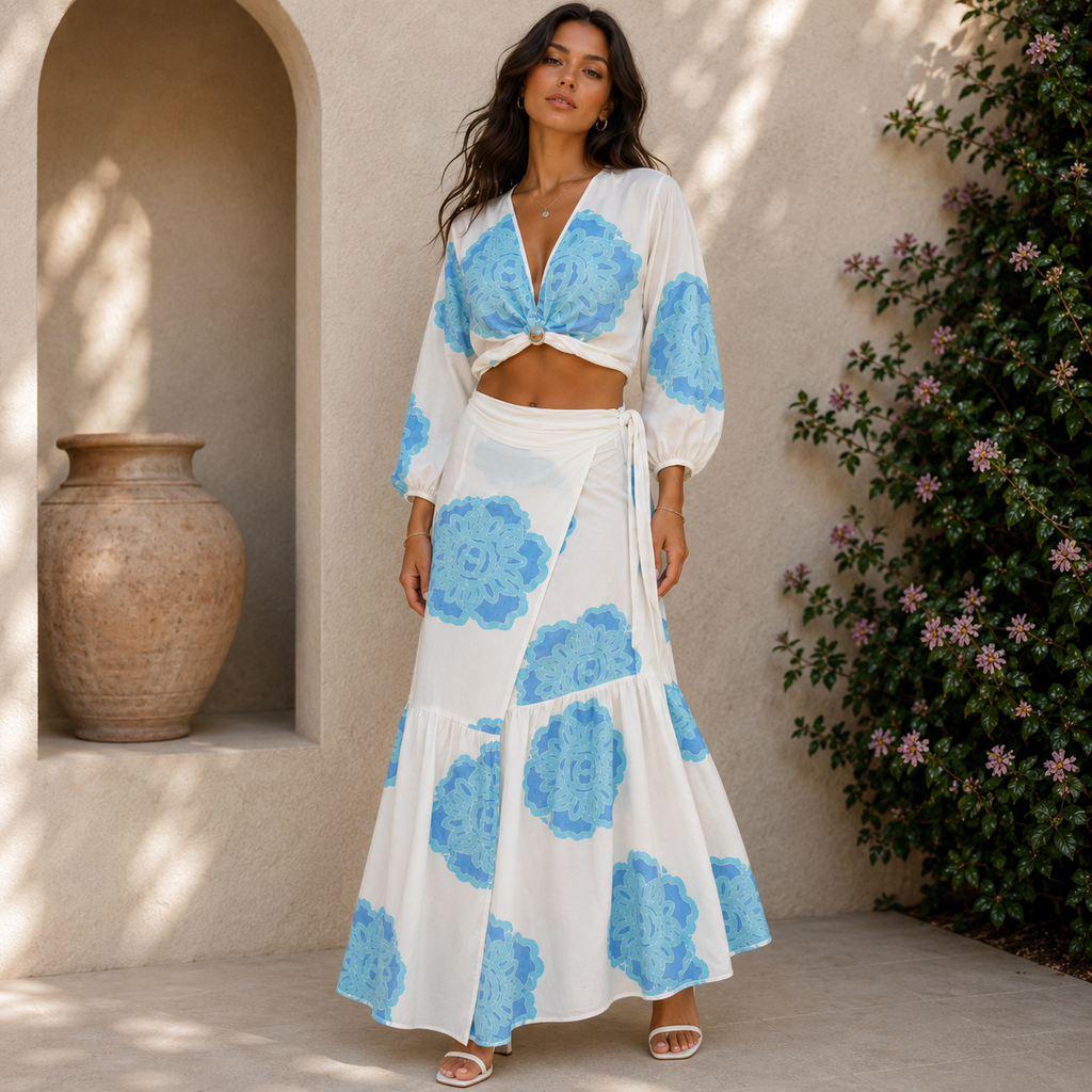Azure Bloom Long Sleeve Skirt Set
