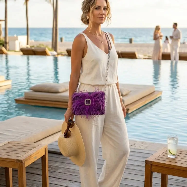 Ostrich  Feather Small Woven Leather Bag