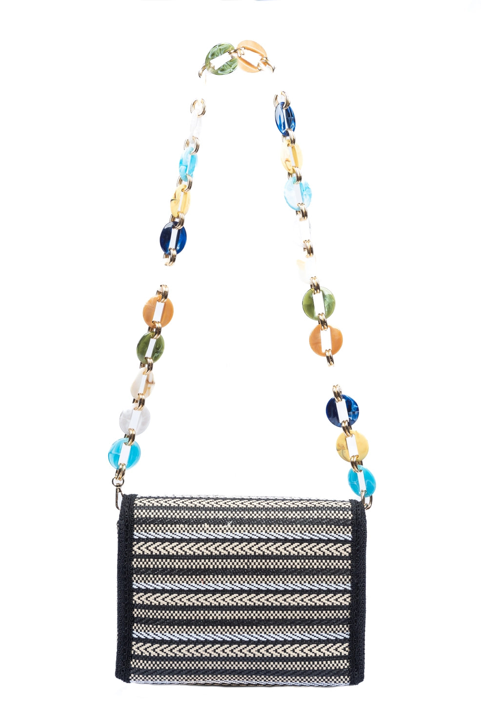 Woven Straw Flap Bag With Resin  Link Shoulder Strap