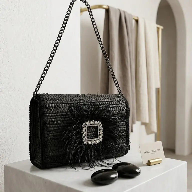 Ostrich  Feather Large  Woven Leather Bag
