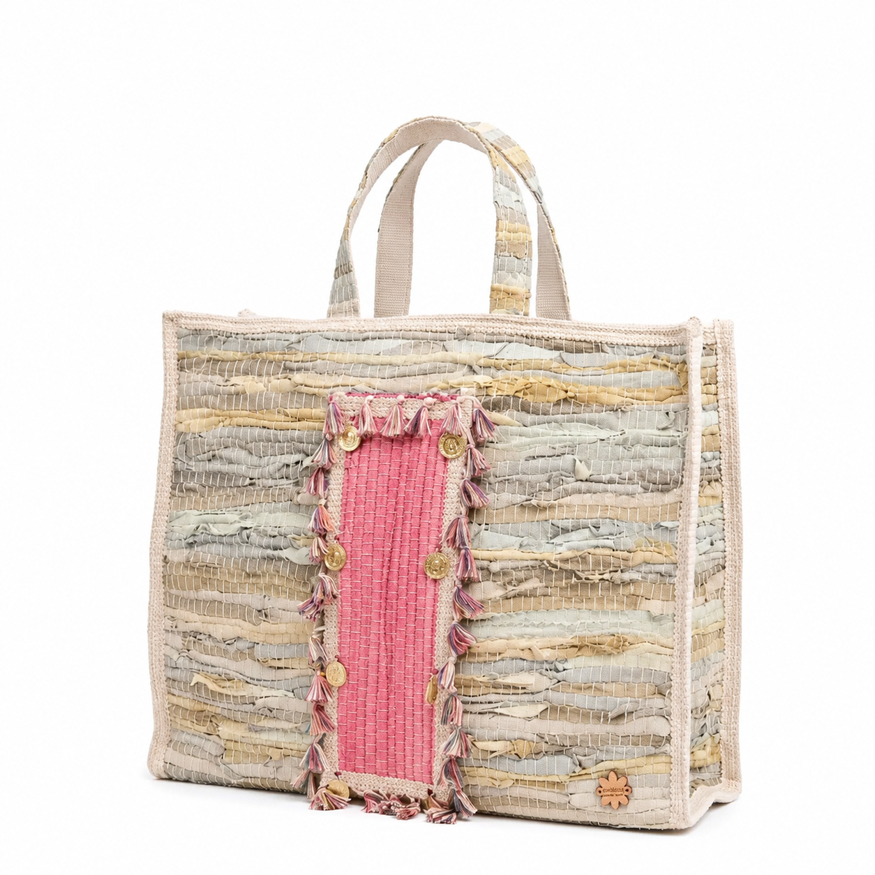 Large Handmade Woven Leather Tassel Tote Bag