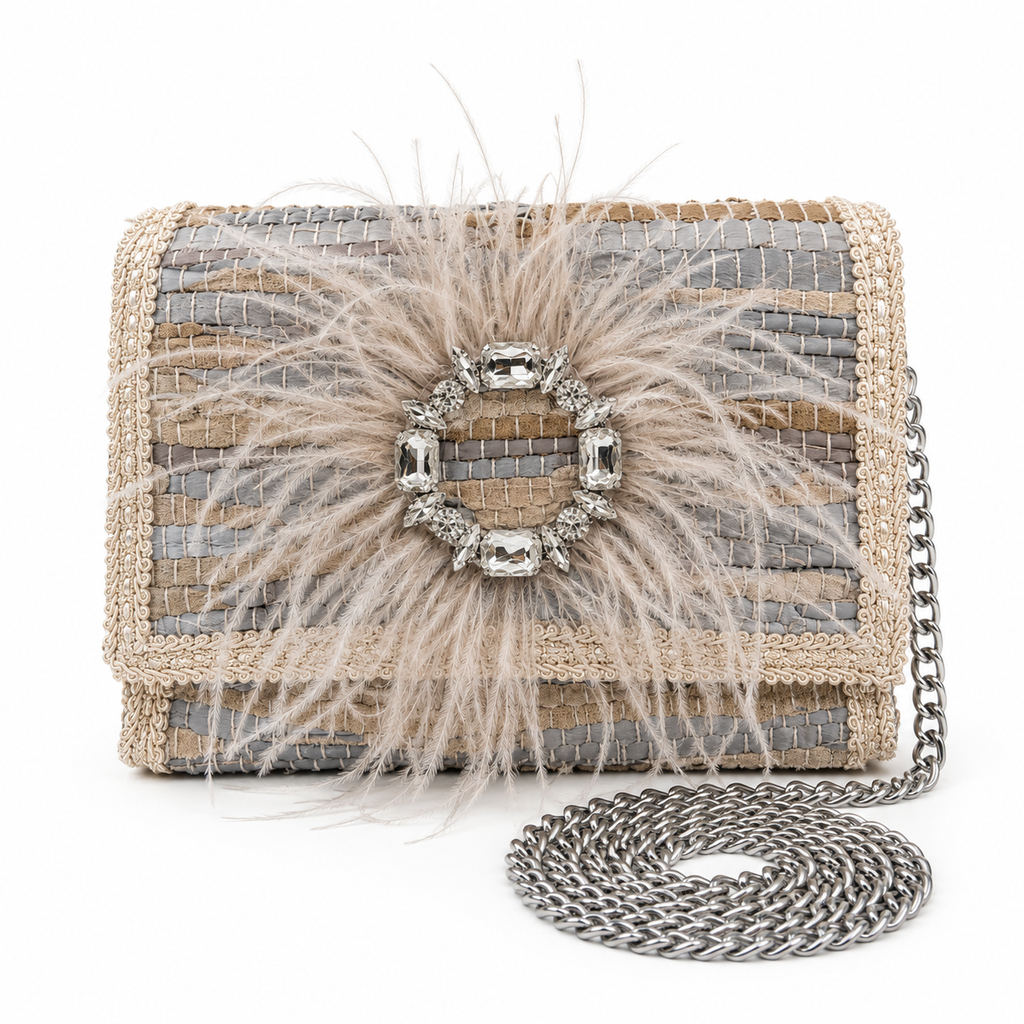 Ostrich  Feather Medium Woven Leather Bag