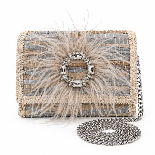 Ostrich  Feather Medium Woven Leather Bag