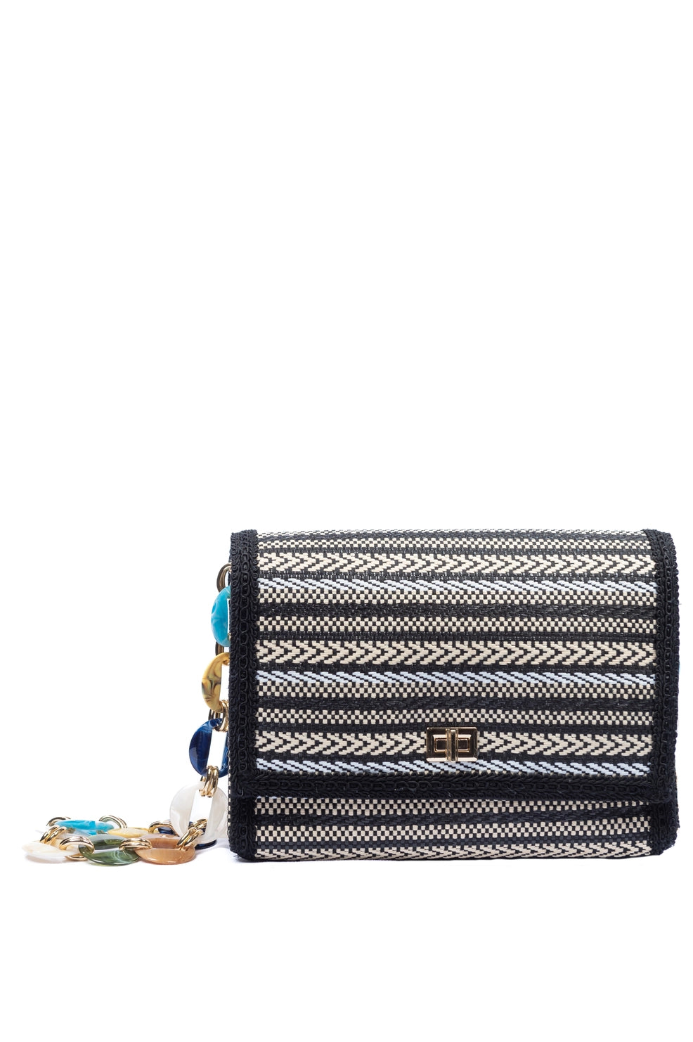 Woven Straw Flap Bag With Resin  Link Shoulder Strap