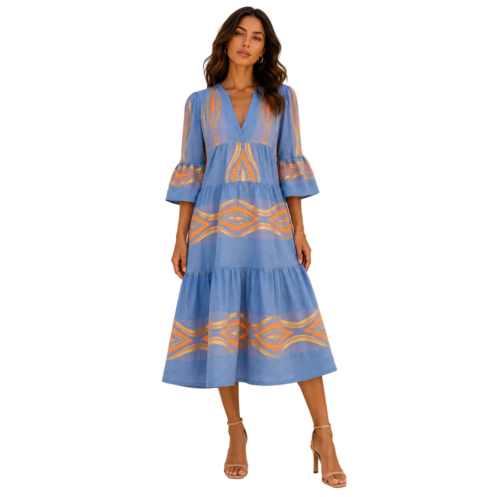 Aegean Solstice Embroidered Midi Dress