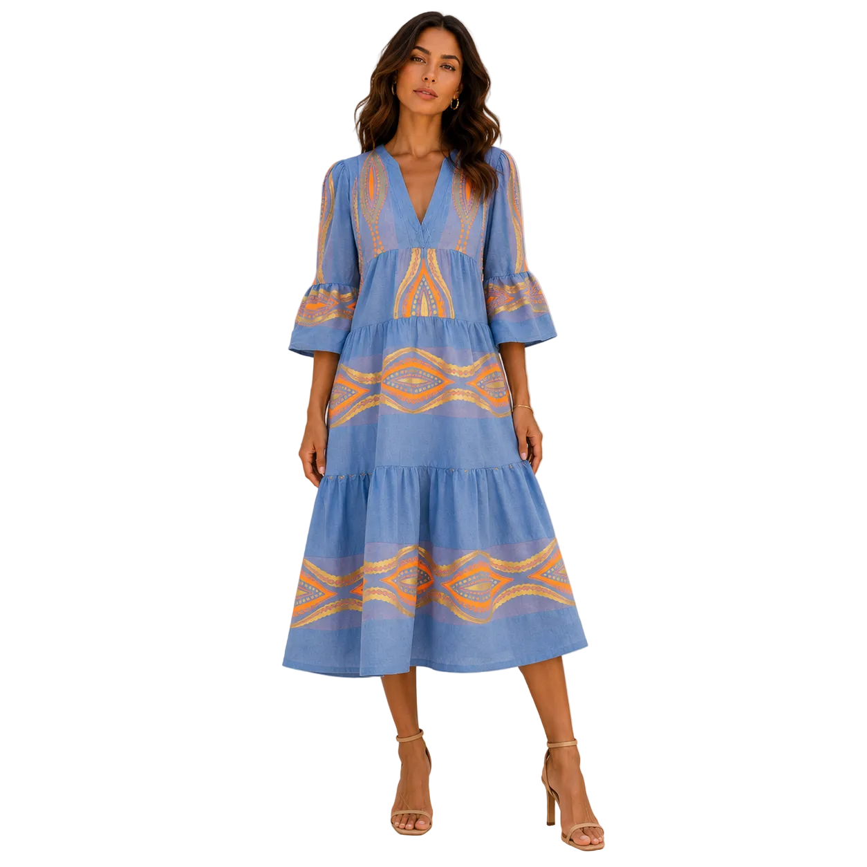 Aegean Solstice Embroidered Midi Dress