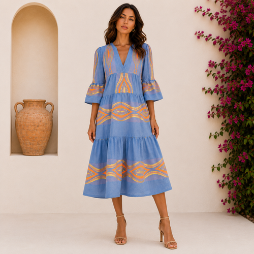Aegean Solstice Embroidered Midi Dress
