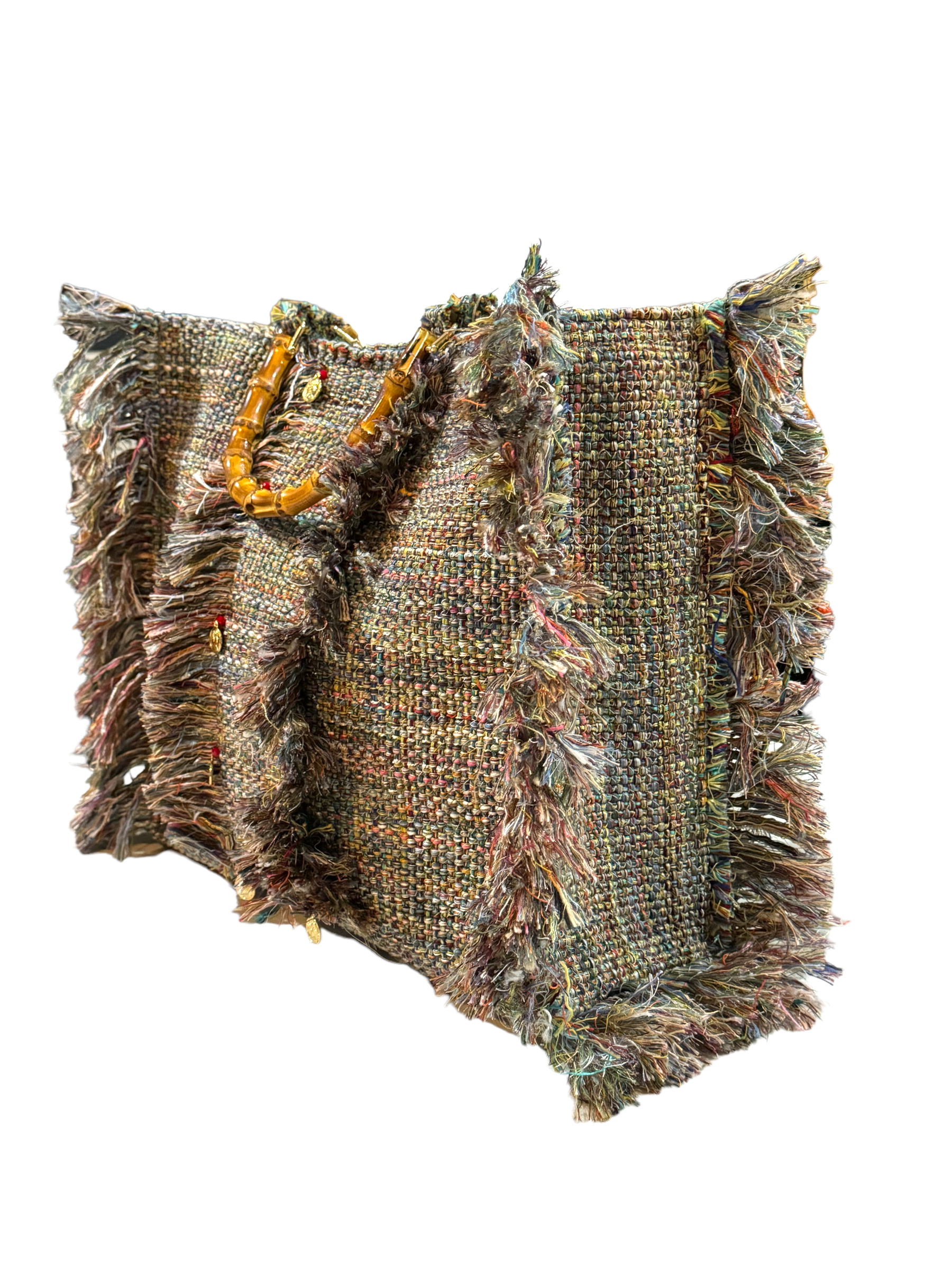 Fabric Fringe Boucle Tote Bag with Bamboo Handles