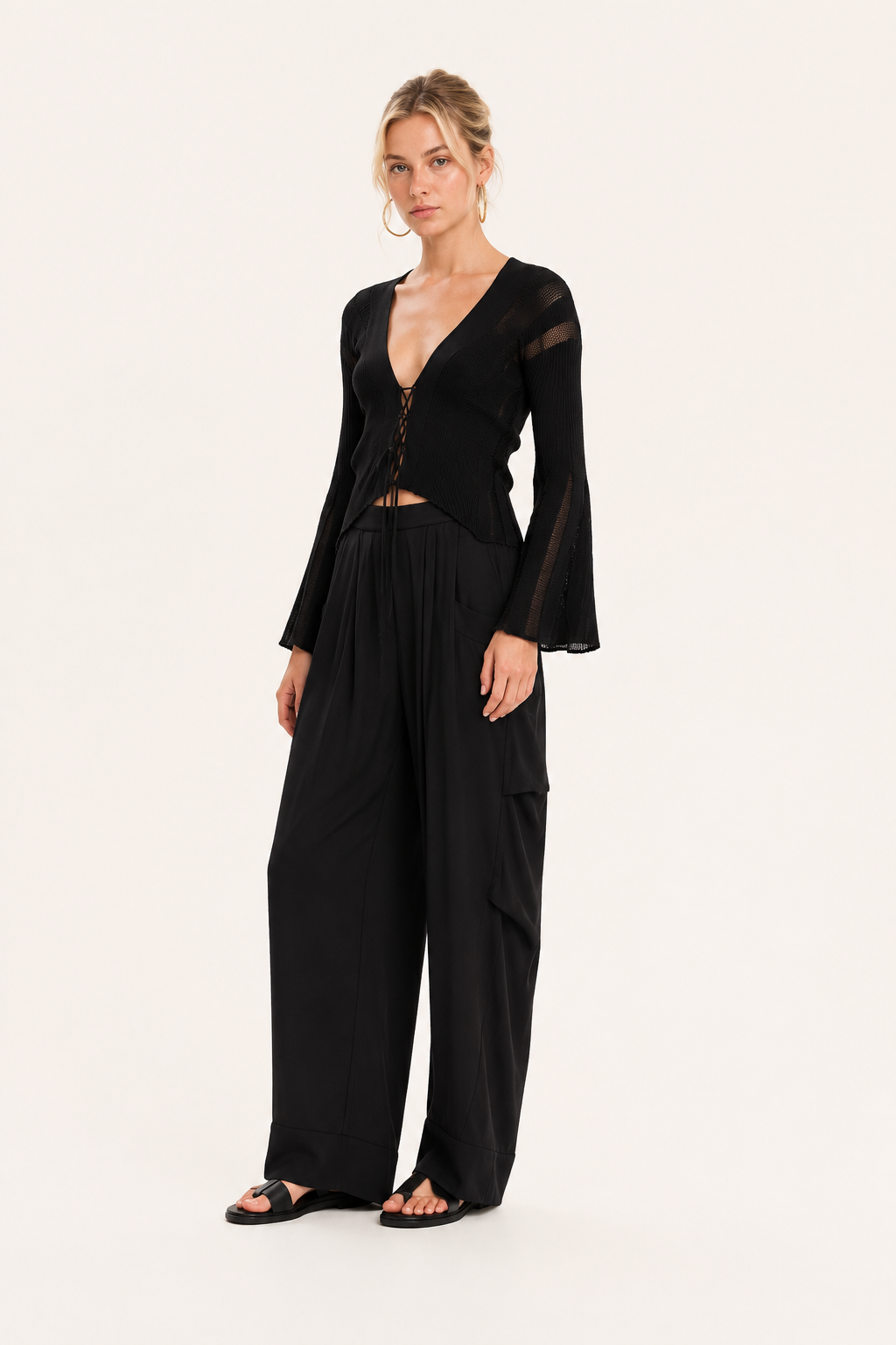 Knit cardigan with bell sleeves and “X” shaped front ties – Magic Sunsets