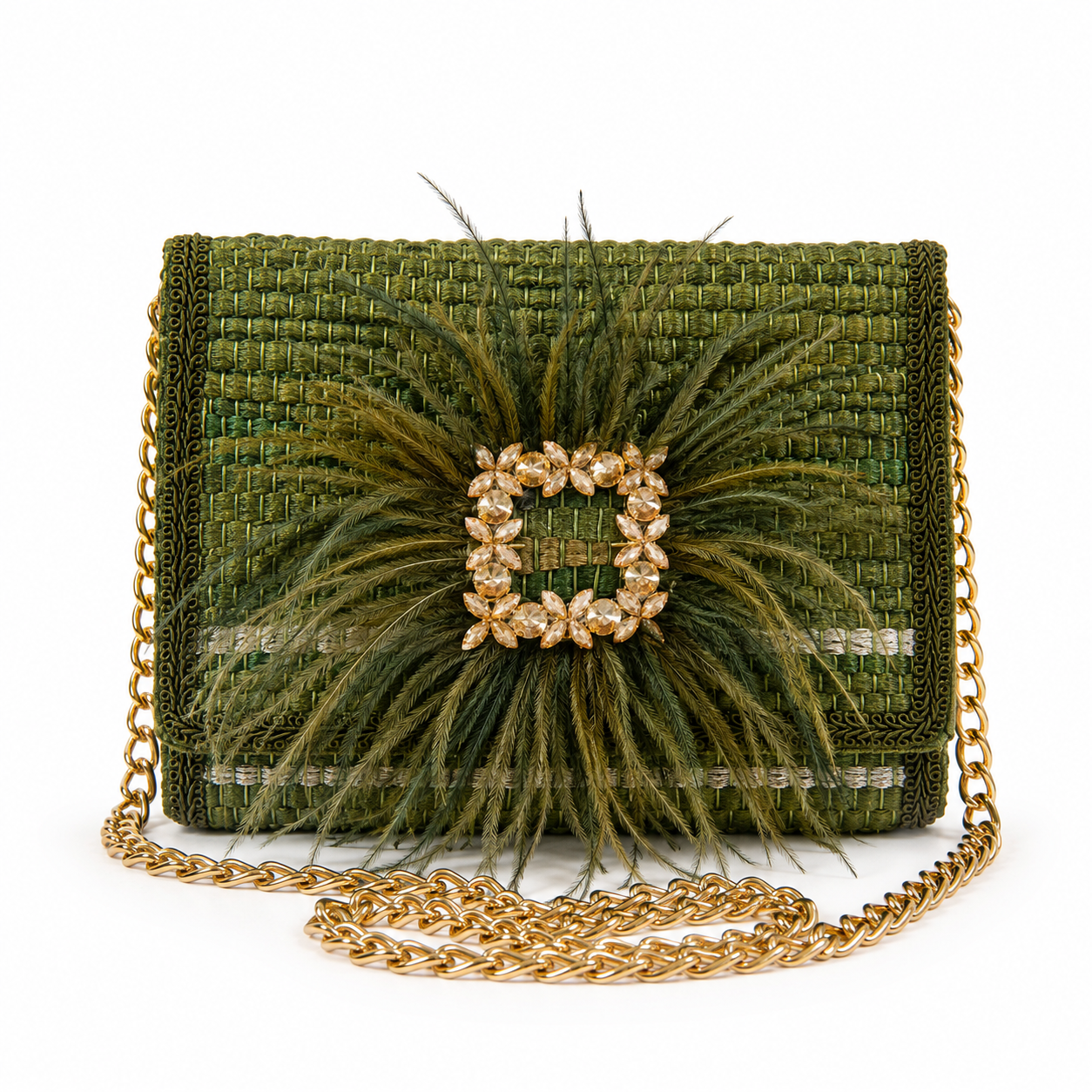 Ostrich  Feather Small Woven Leather Bag