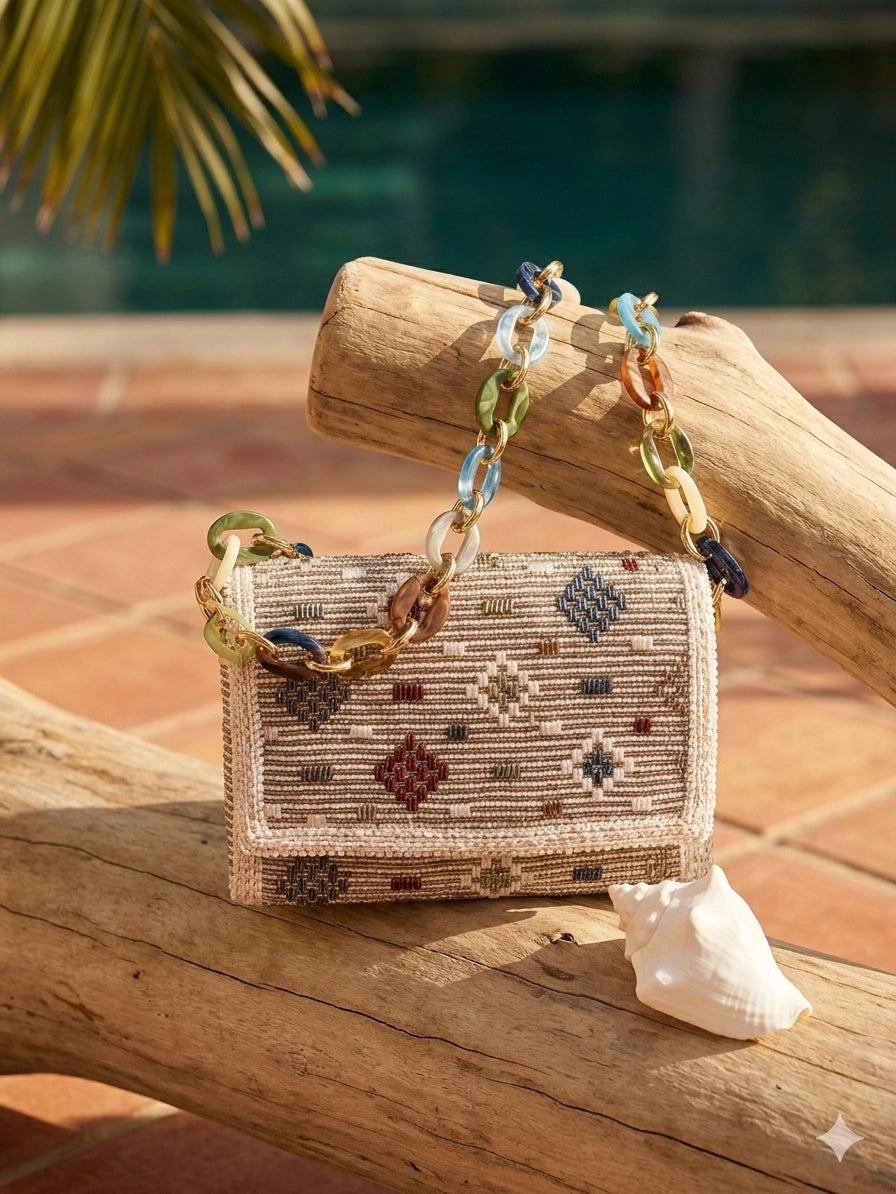 Top Flap Woven Resin  Chain Bag