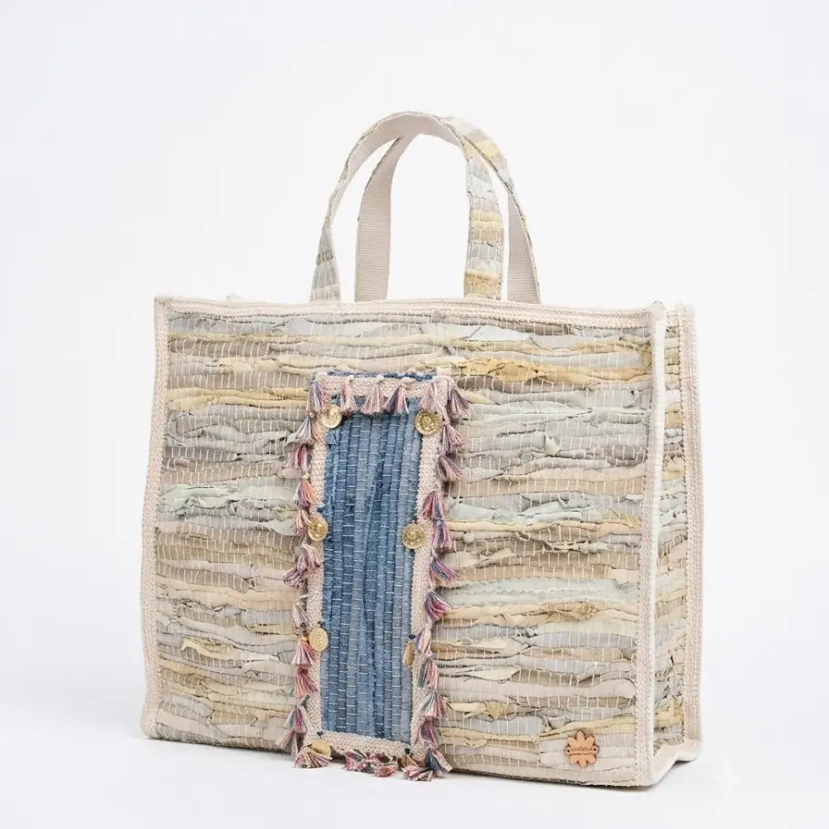 Large Handmade Woven Leather Tassel Tote Bag