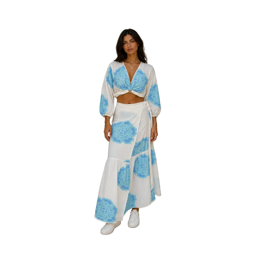 Azure Bloom Long Sleeve Skirt Set