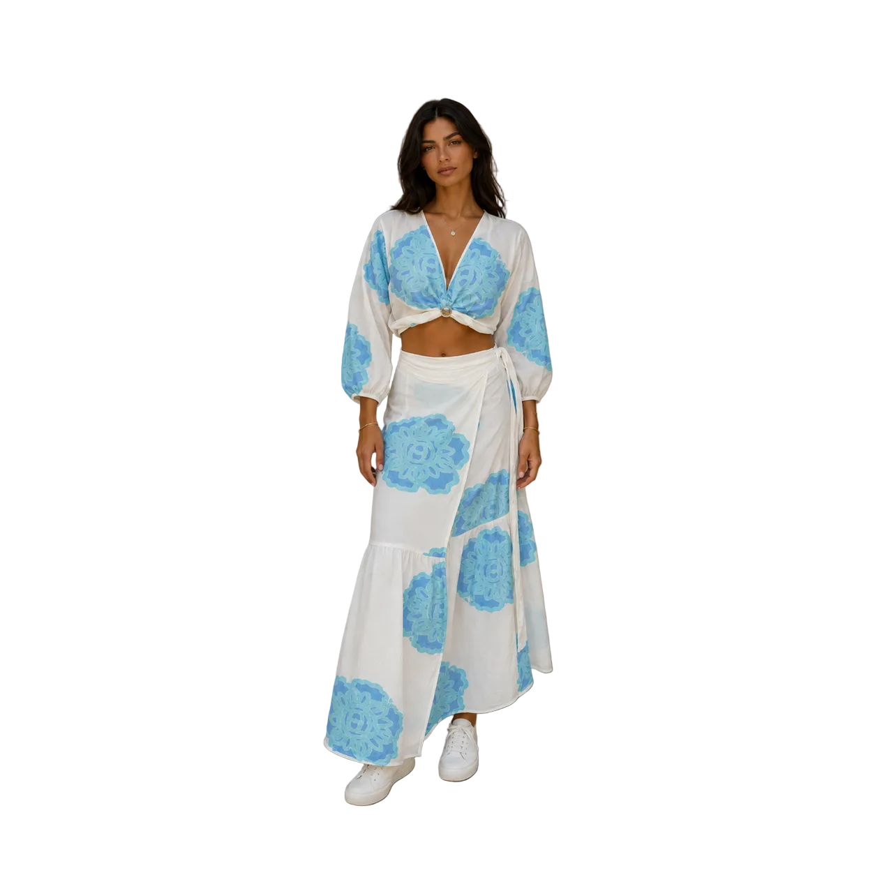 Azure Bloom Long Sleeve Skirt Set