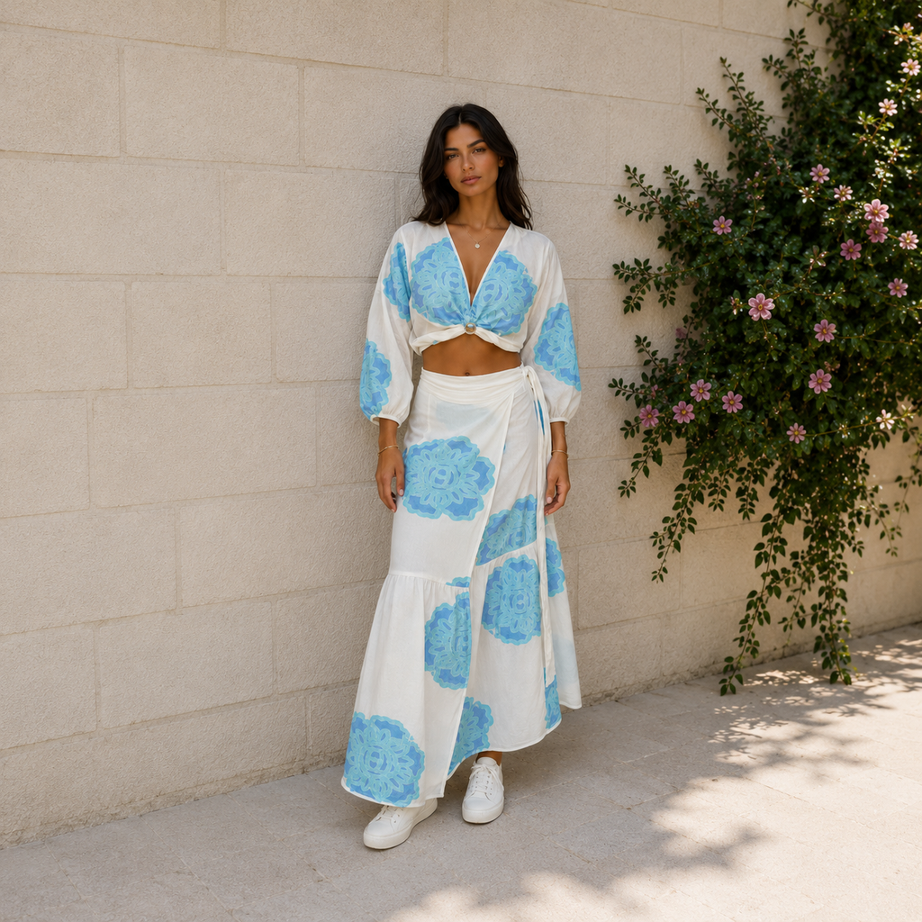 Azure Bloom Long Sleeve Skirt Set