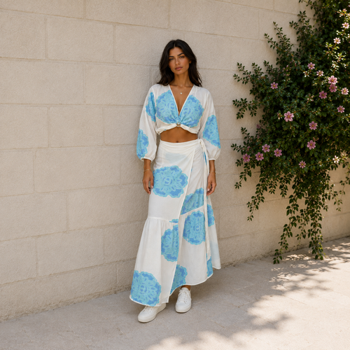 Azure Bloom Long Sleeve Skirt Set