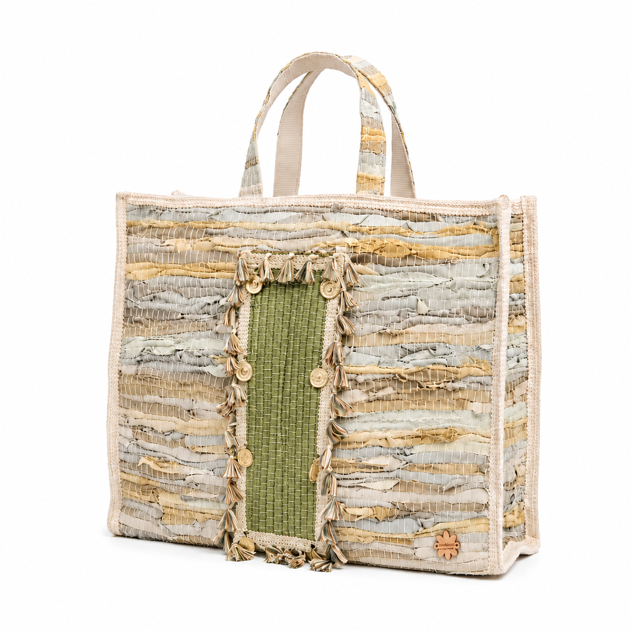Large Handmade Woven Leather Tassel Tote Bag