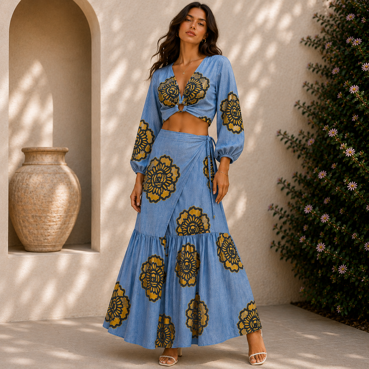 Azure Bloom Long Sleeve Skirt Set