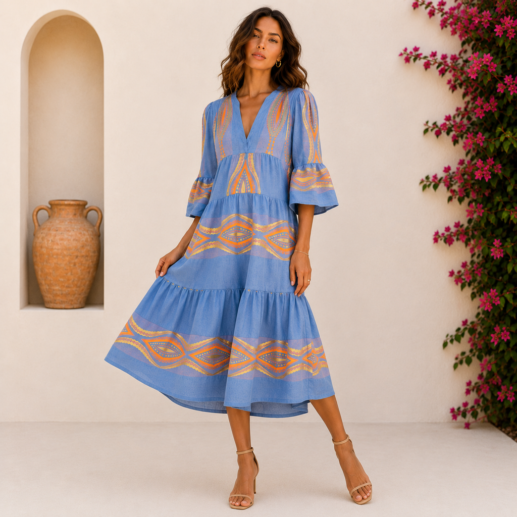 Aegean Solstice Embroidered Midi Dress