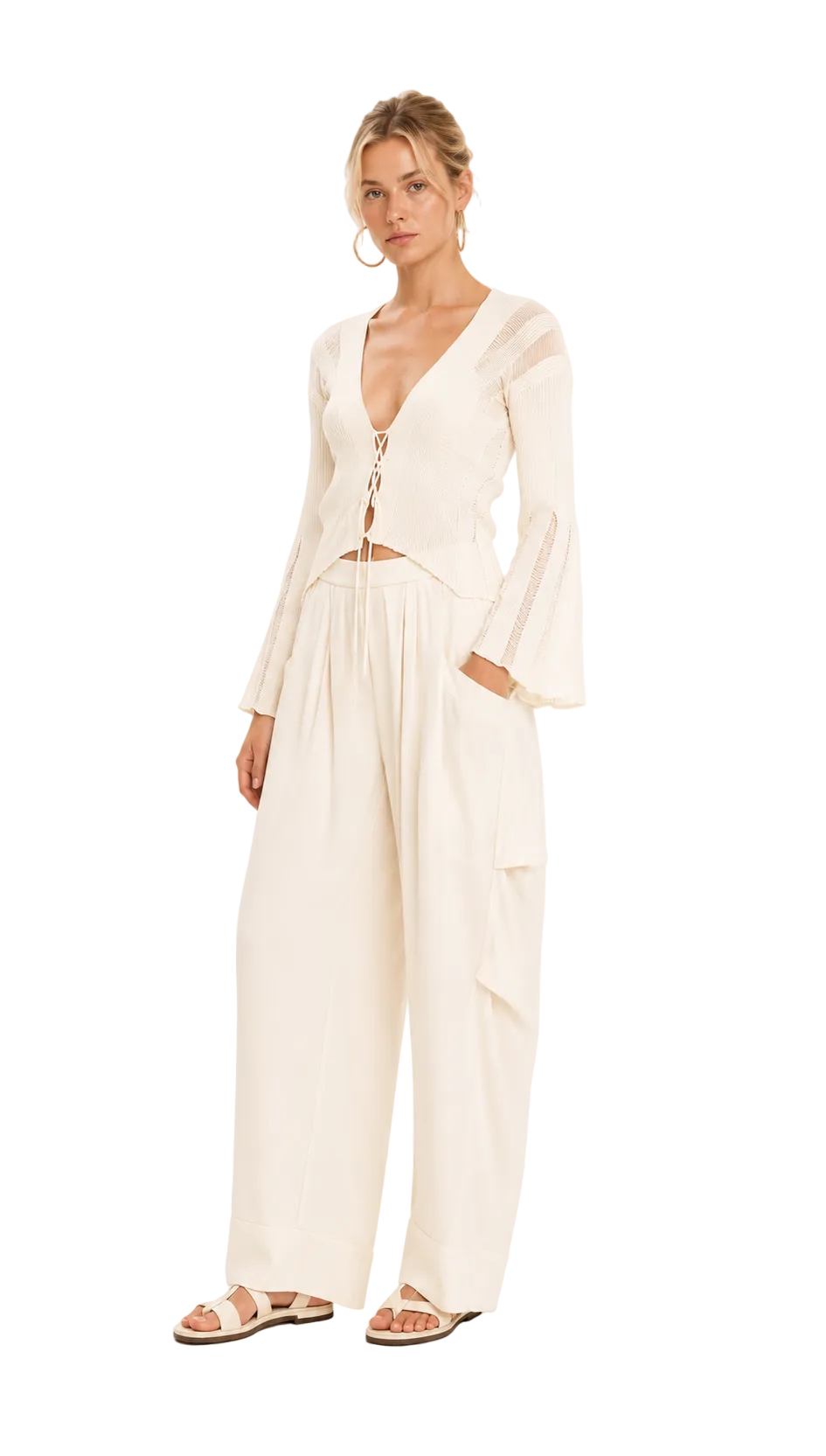 Knit cardigan with bell sleeves and “X” shaped front ties – Magic Sunsets