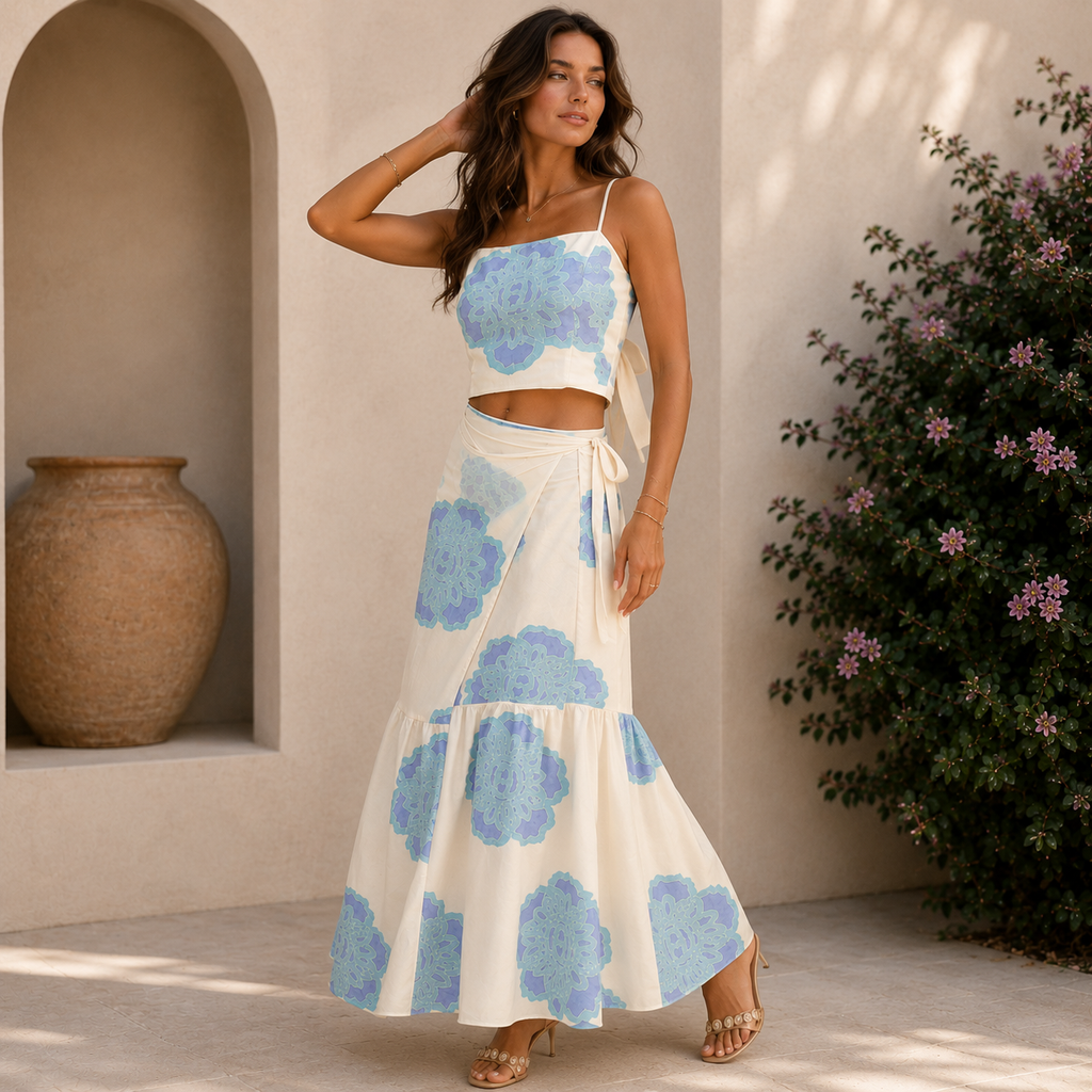 Azure Bloom Maxi Skirt Set