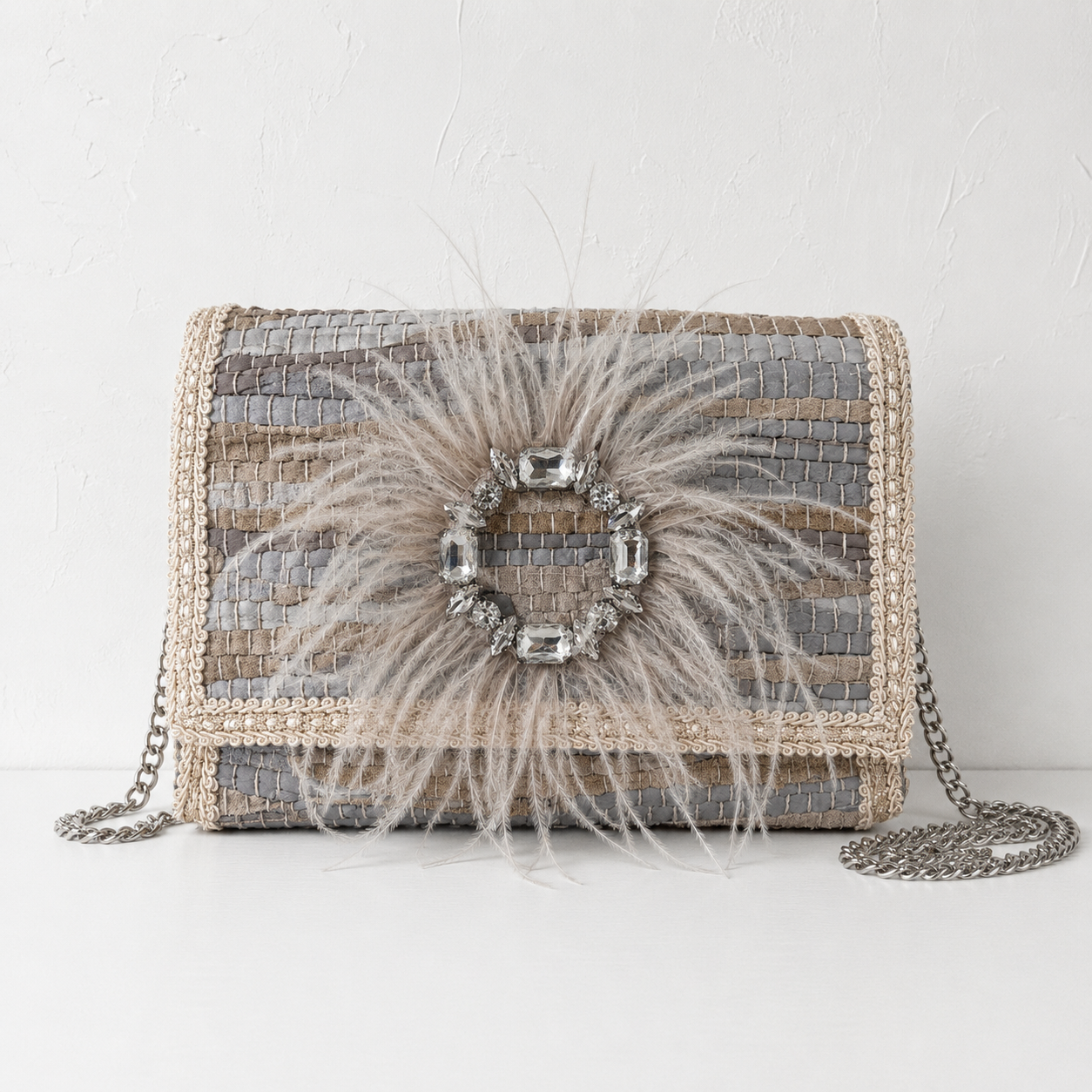 Ostrich  Feather Large  Woven Leather Bag
